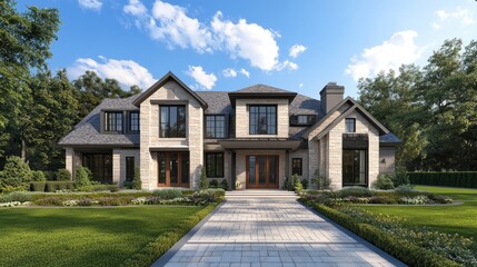 Fototapeta premium Modern 3D rendering of an elegant contemporary home with landscaped front yard, showcasing design features and real estate potential.
