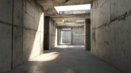 Obraz premium Industrial-inspired hallway showcasing bare concrete walls and soft indirect ceiling lighting, creating an airy and modern 3D interior space.