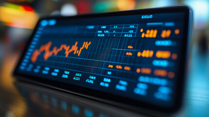 Fototapeta premium A digital display shows live stock market data with fluctuating graphs and numbers during an active evening trading session