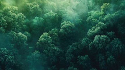 Fototapeta premium Aerial Perspective of Dense Tropical Forest Canopy Shrouded in Mist with Rich Green Tones and Lush Vegetation