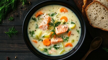 Salmon Fish Soup with Cream Potato Carrots Leek and Dill in a Black Bowl on Dark Wooden Table with Rye Bread Finnish Cuisine Classic Dish