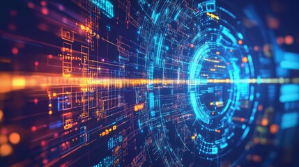 Obraz premium Digital background perfect for tech processes, neural networks, artificial intelligence, data transfer and encryption, digital archives, sound and graphic presentations, science, education