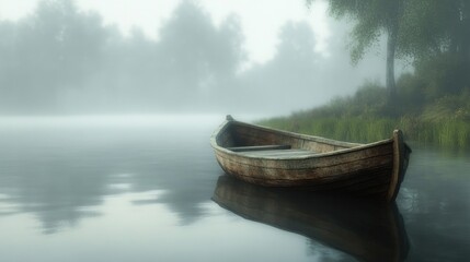 A solitary wooden boat drifts quietly on a fog-covered lake surrounded by lush greenery, evoking tranquility and minimalistic beauty.