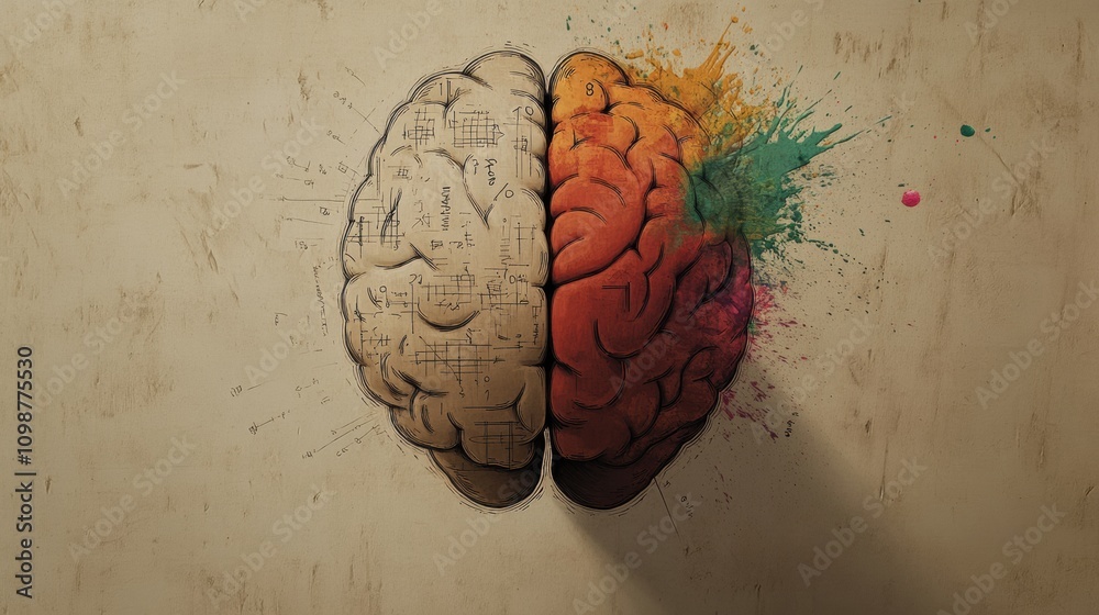 Aufkleber the artwork displays a brain divided into left and right hemispheres, featuring mathematical designs