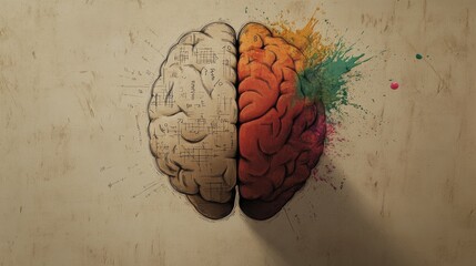 The artwork displays a brain divided into left and right hemispheres, featuring mathematical designs on one side and colorful splashes on the other. Generative AI