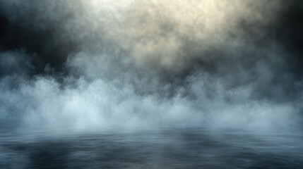 Naklejka premium 3D abstract background with soft fog and shimmering bokeh lights, creating a serene atmosphere against a smoky backdrop.