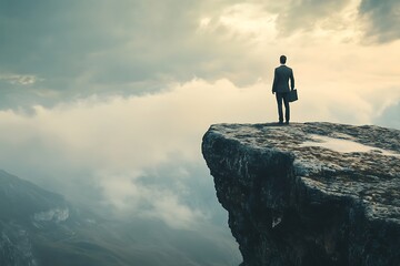Obraz premium Businessman on clifftop, looking at the future. Concept of risk, challenge, and opportunity.