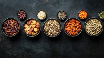 Variety of bowls filled with nutritious dry pet food and treats for dogs arranged on a dark surface showcasing diverse ingredients and textures.