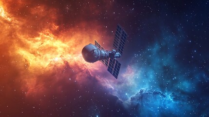 Naklejka premium A lone satellite floating in the void of space, illuminated by the Sun's rays, with a colorful nebula in the distant background. 