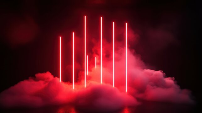 glowing vertical neon lines inside the soft cloud illuminated with red light, isolated on black background