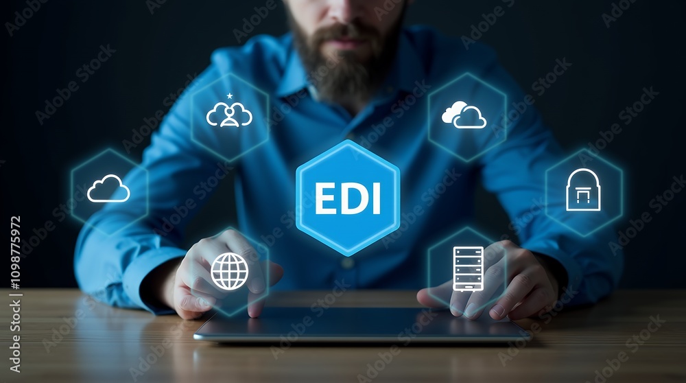 Poster A Businessman Engaging with Electronic Data Interchange (EDI) Concepts Through Digital Security and Data Transfer Icons: Ideal for Illustrating Global Data Exchange and Modern Paperwork Processes