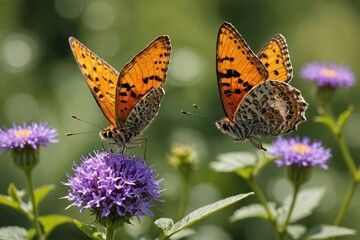 Fototapeta premium Closeup of orange butterfly perching on purple flower in nature against blurred background during sunny day
