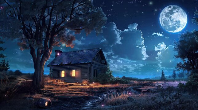 Glowing cozy house in lush green grassland beneath starry night sky with peaceful ambiance
Seamless looping 4k time-lapse virtual video animation Generated AI