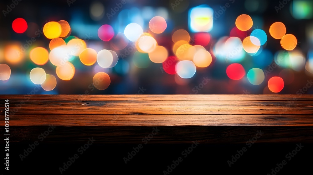 Canvas Prints empty wooden table with colorful bokeh lights in a vibrant cityscape background, suitable for festiv