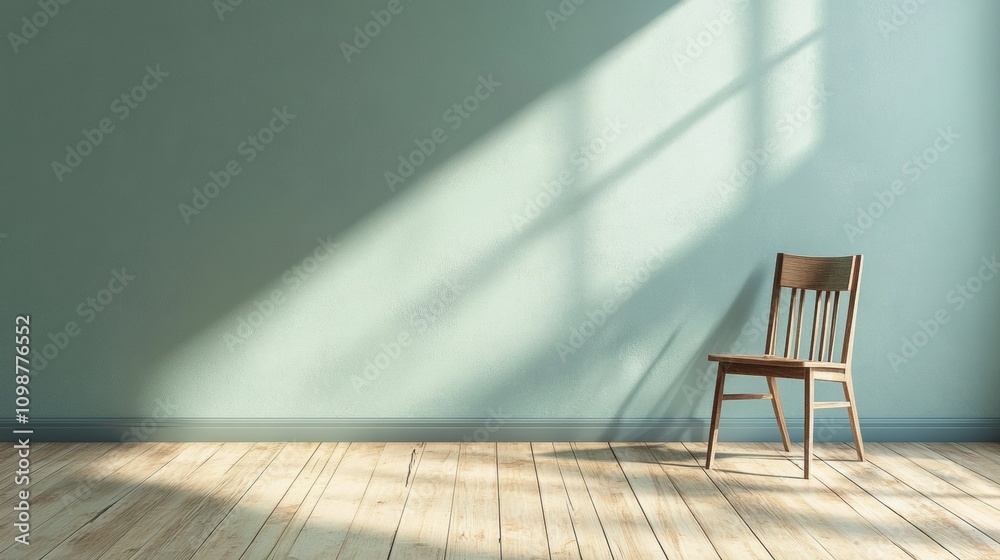 Aufkleber a tranquil room features wooden floors and a solitary chair against a softly lit wall, creating a ca