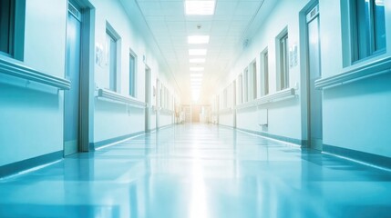 Obraz premium Pristine hospital corridor illuminated by bright lighting, featuring clean surfaces and well-maintained walls in a sterile environment.
