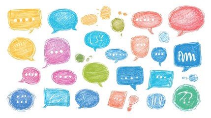 Playful set of vibrant speech bubble illustrations in blue, red, green, and yellow tones on a white background, sketchy artistic design
