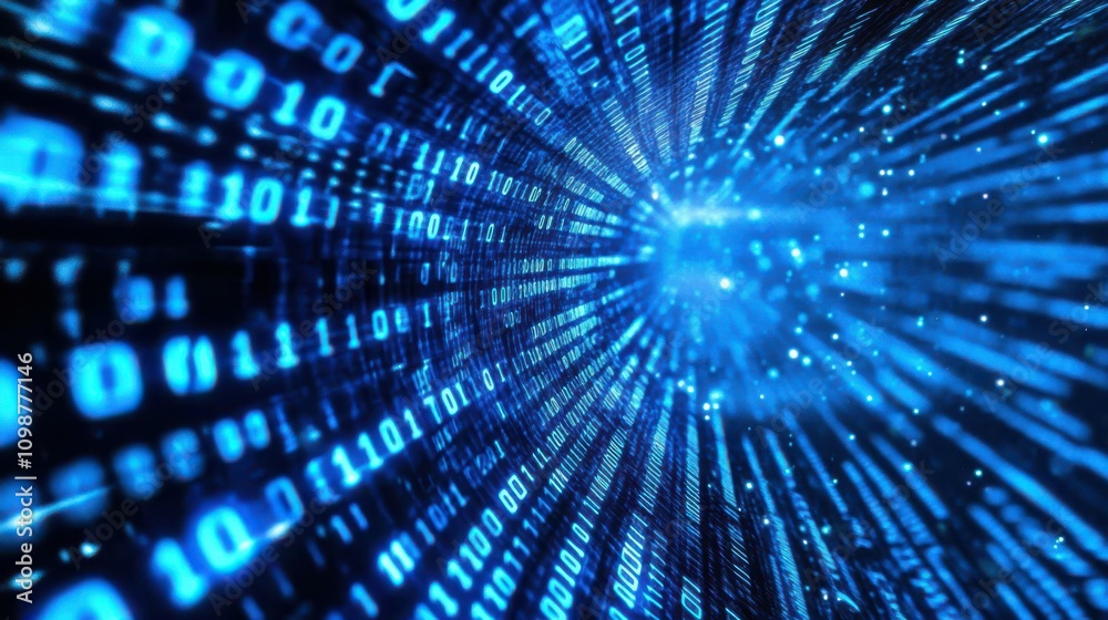 Poster the background of a computer screen is dominated by blue digital binary data