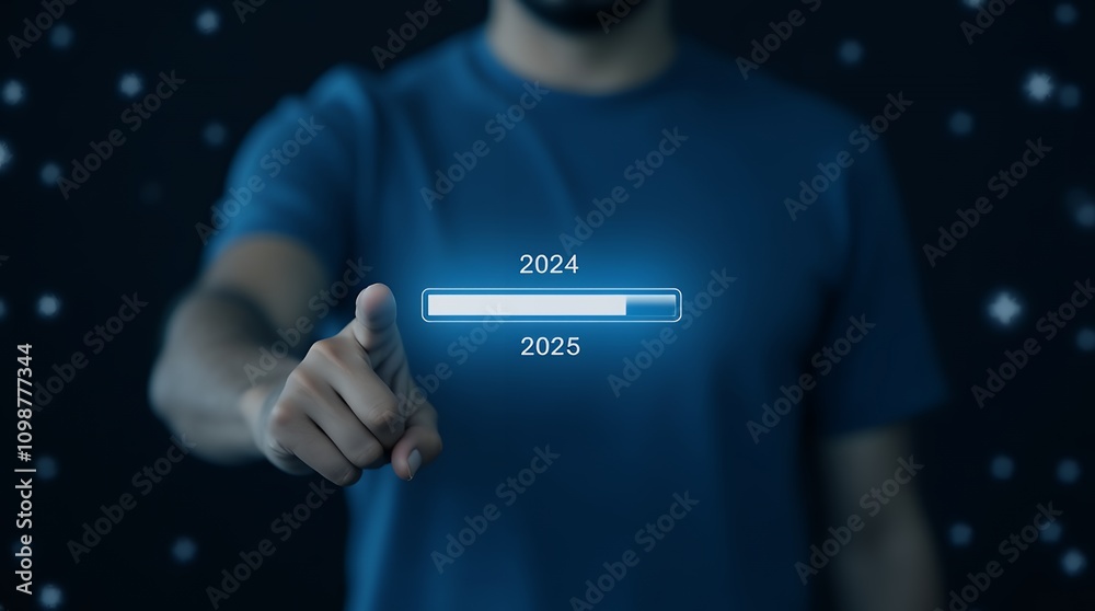 Poster illustration of a person pointing to a loading bar indicating the transition from 2024 to 2025, symb