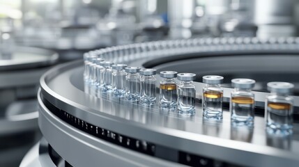 Drug manufacturing process. Pharmaceutical production with glass ampoule with corona virus vaccine moving on an automatic conveyor line.