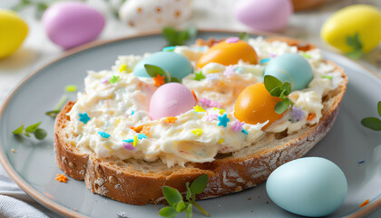 A slice of sourdough bread with spread made of leftover hard-boiled Easter eggs, closeup