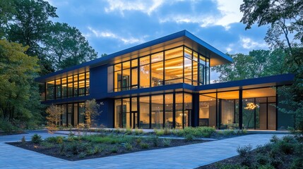 Fototapeta premium Contemporary home design with expansive glass windows, illuminated interiors, and a sleek blue exterior surrounded by lush greenery.
