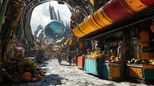 Imagine a Futuristic Marketplace It is a bustling Cosmic Bazaar uniquely set in Space