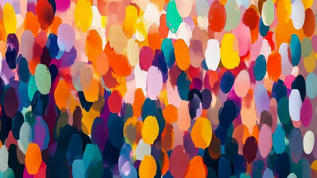 A digital artwork displays a profusion of brightly colored, organic shapes, predominantly oval and circular
