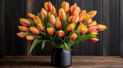 Vibrant bouquet of yellow and red tulips in a black vase, set against a rustic wooden backdrop, celebrating women's history with floral elegance.