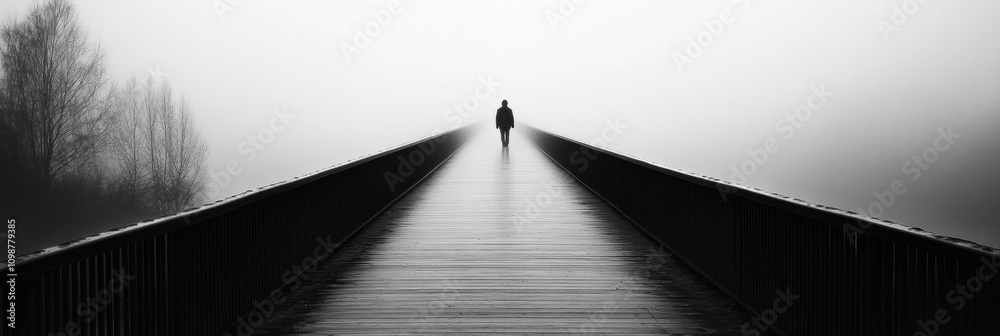 Fototapete a lone person walks on an expansive, empty bridge shrouded in fog, evoking a sense of solitude and r