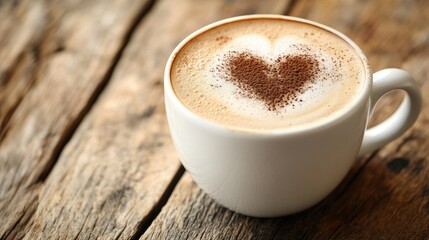 Obraz premium Cappuccino with heart-shaped latte art in a white cup on a rustic wooden table, perfect for morning coffee themes and cozy atmospheres.