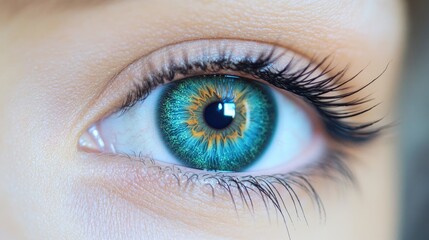 Fototapeta premium Closeup of a vibrant eye featuring a striking iridescent iris with shades of blue, green, and hints of orange, emphasizing intricate patterns and depth.