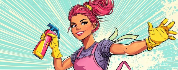 Dynamic comic housewife character with cleaning gloves and spray