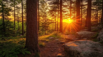 Fototapeta premium A stunning orange sunset casts warm light through a grove of tall pines, highlighting lush ferns and rugged boulders in a tranquil forest scene.