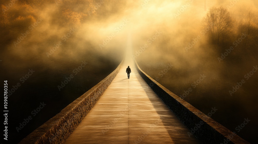 Poster a lone individual traverses a long, empty bridge enveloped in thick fog, creating an atmosphere of s
