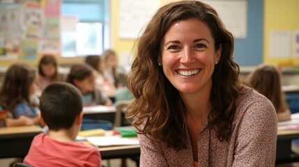 Engaged teacher smiling warmly while interacting with students in a vibrant classroom filled with young learners at their desks.
