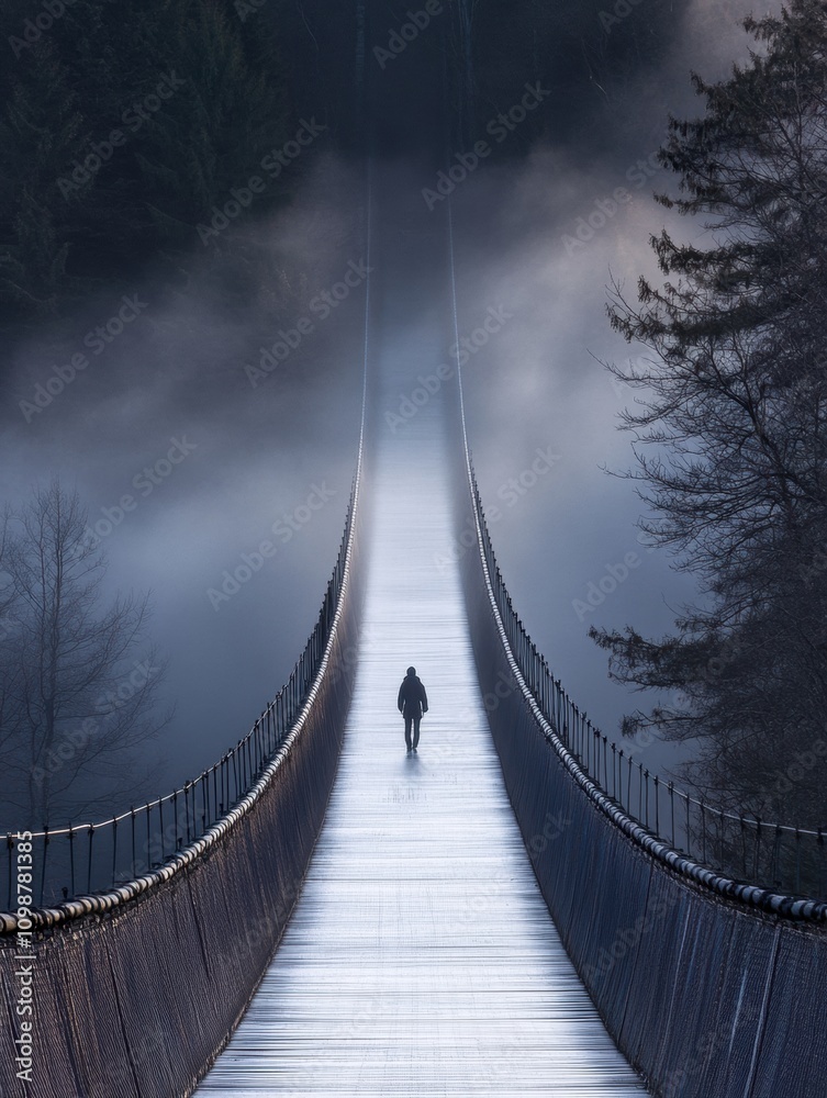 Fototapete a lone individual walks on an expansive bridge enveloped in mist during the early morning, creating 