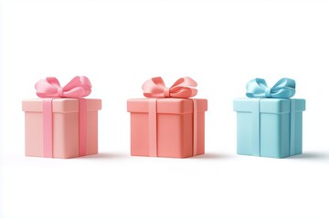 3d red gift box set with pastel ribbon bow isolated on a white background. 3d render flying modern holiday closed surprise box. Realistic vector icon for present, birthday or wedding banners