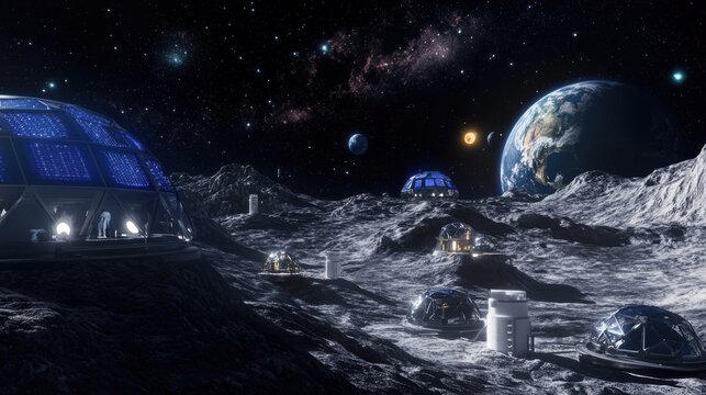 An imaginative 3D animation of a sustainable lunar colony