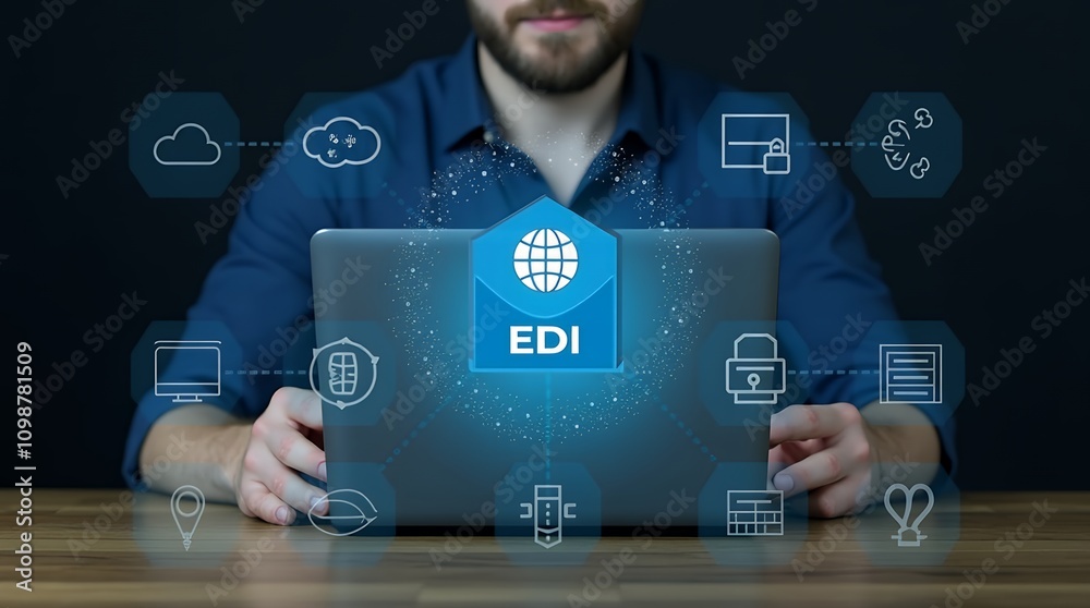 Aufkleber Exploring the Concept of Electronic Data Interchange (EDI) with Businessman Engaging in Digital Data Transfer and Security Solutions for Streamlined Operations