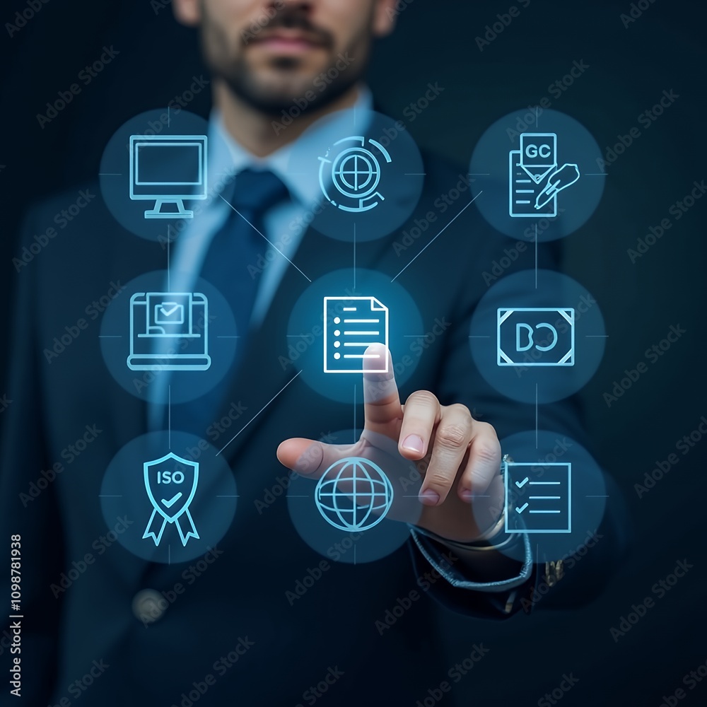 Poster Businessman Interacting with Virtual Icons Depicting ISO Standards and Quality Assurance Concepts for Modern Business Practices