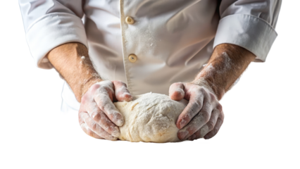 Skilled baker kneading dough with flour-covered hands in a bright kitchen during a culinary session for artisan bread preparation