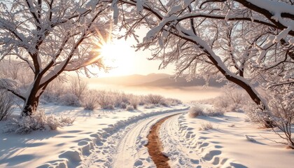 Obraz premium Sunlit snowy path winding through frost-covered trees at sunrise.