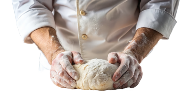 Skilled baker kneading dough with flour-covered hands in a bright kitchen during a culinary session for artisan bread preparation