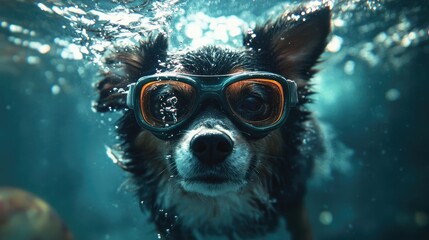 Dog wearing goggles swims underwater, showcasing its joy and impressive swimming skills in a vibrant aquatic environment.