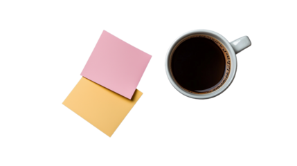 Coffee cup with pink and yellow sticky notes on transparent background