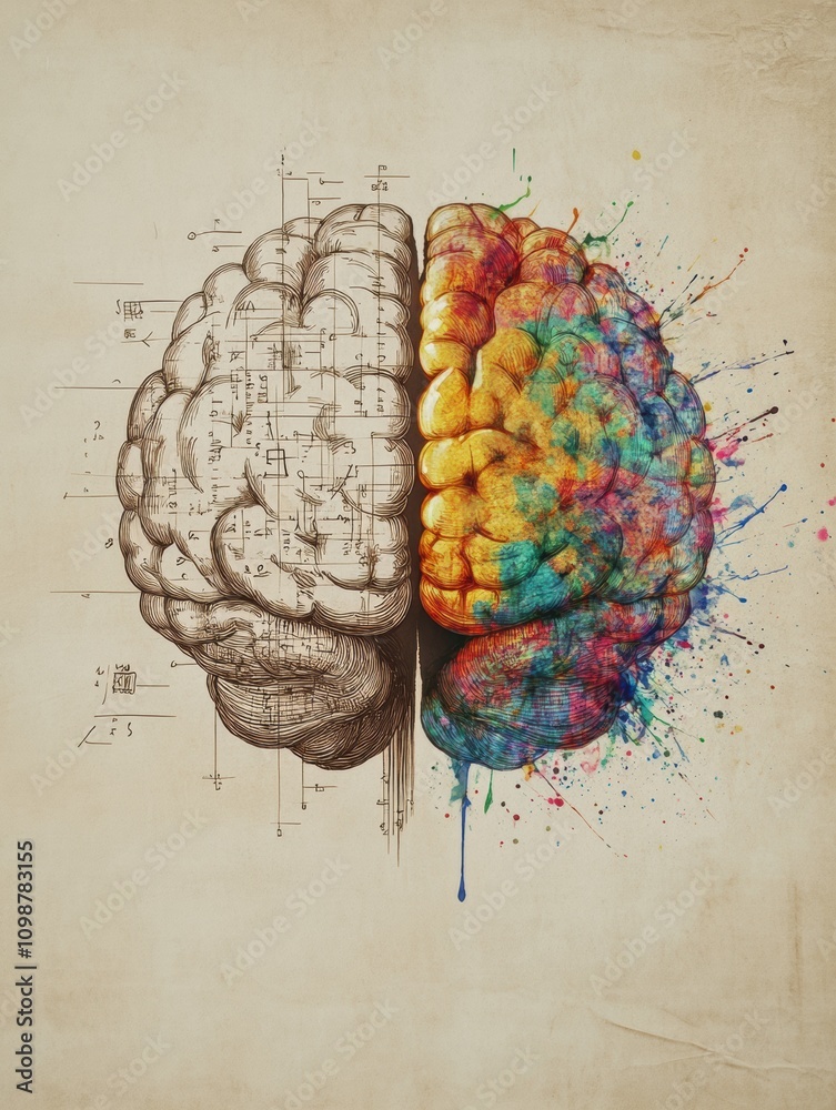 Leinwandbilder the artwork showcases a brain divided into two distinct halves, symbolizing analytical logic on one 