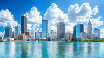 Obraz premium Modern city skyline with reflective water and cloudy sky
