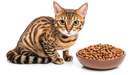Bengal cat with distinctive coat patterns sitting next to a bowl filled with dry cat food on a white background.