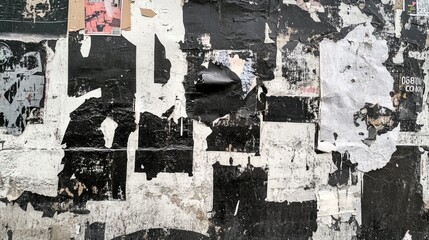Fototapeta premium Monochrome collage of ripped paper posters creates an abstract urban backdrop with a vintage, nostalgic atmosphere, featuring contrasting textures and layers.